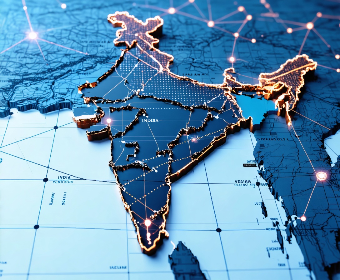 Digital holographic map of India showing interconnected network lines and data points