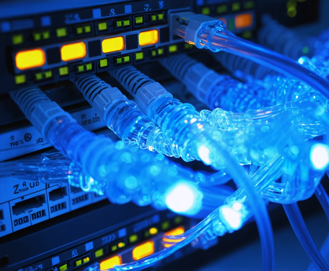 Close up of fiber optic cables glowing with blue light