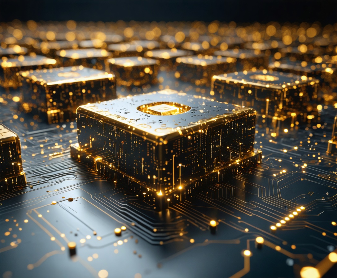 Abstract representation of digital data streams turning into solid golden blocks