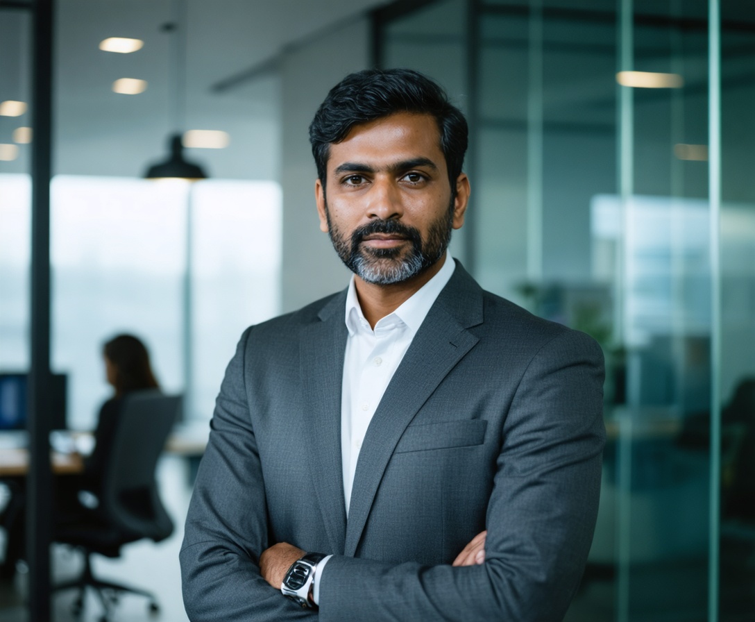 Portrait of Arjun Vardhan, Indian tech executive, in a charcoal suit