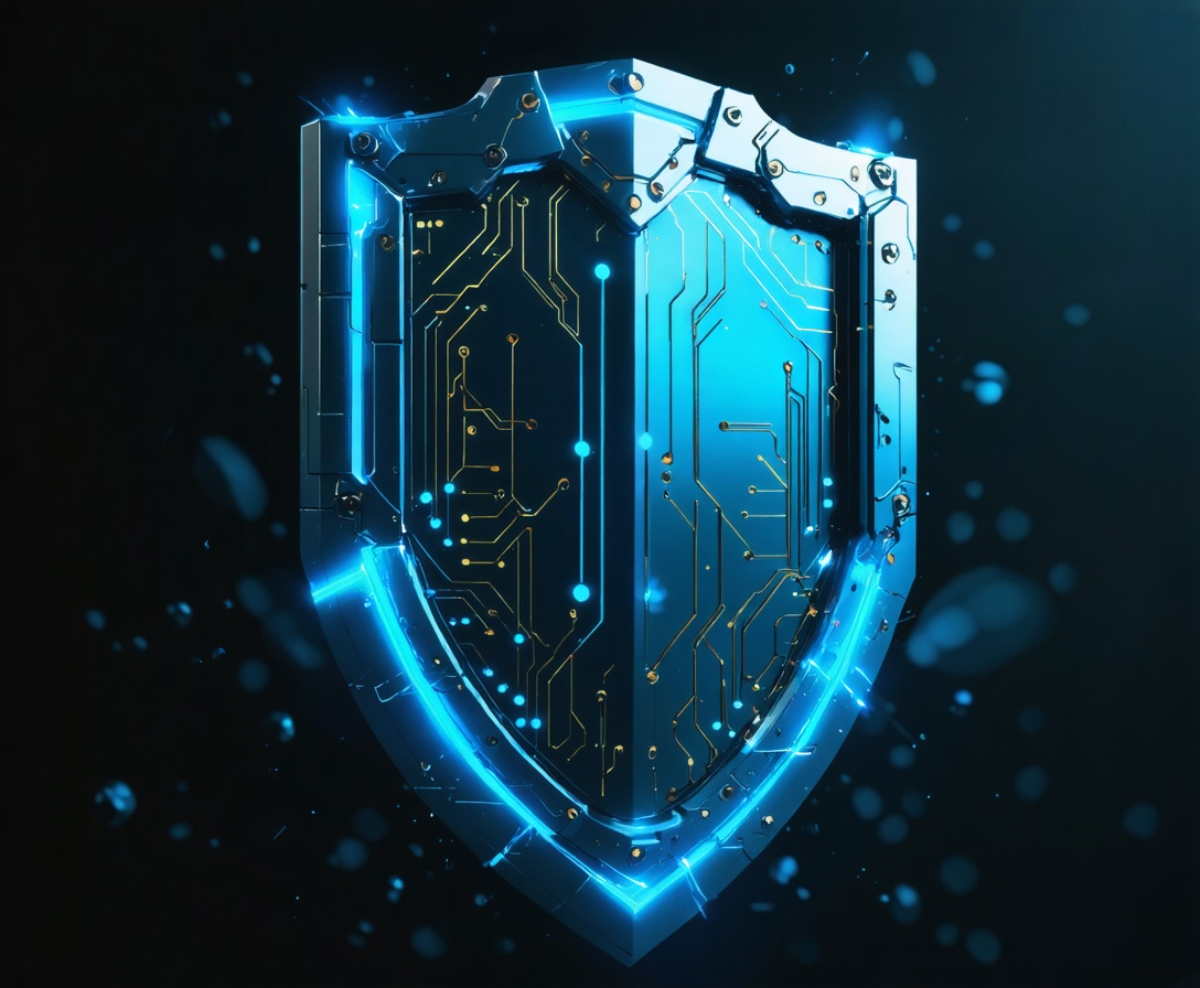 Futuristic 3D metallic shield with glowing cyan circuitry