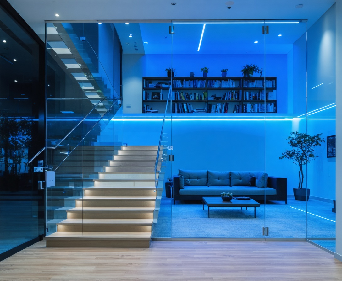 Modern minimalist corporate office in Bangalore with glass walls and neon blue accents
