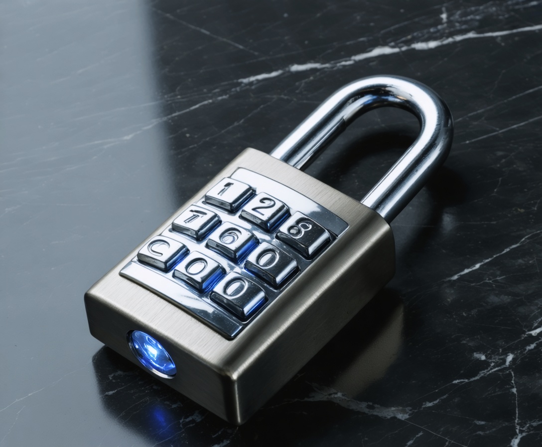 A heavy physical steel padlock with a digital glowing keypad