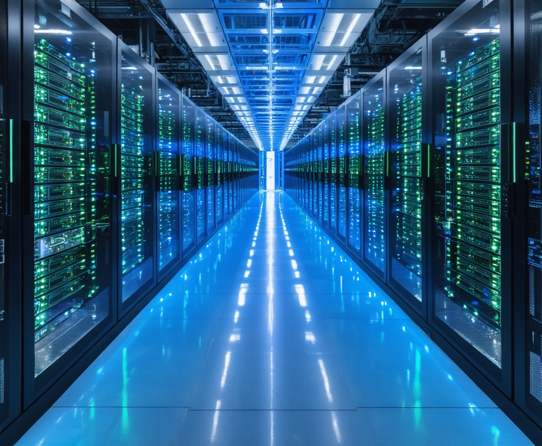A long aisle of high-end server racks in a data center with blinking blue and green lights