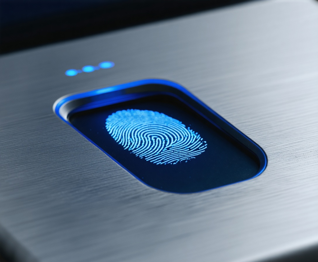 Biometric fingerprint scanner glowing with soft blue light